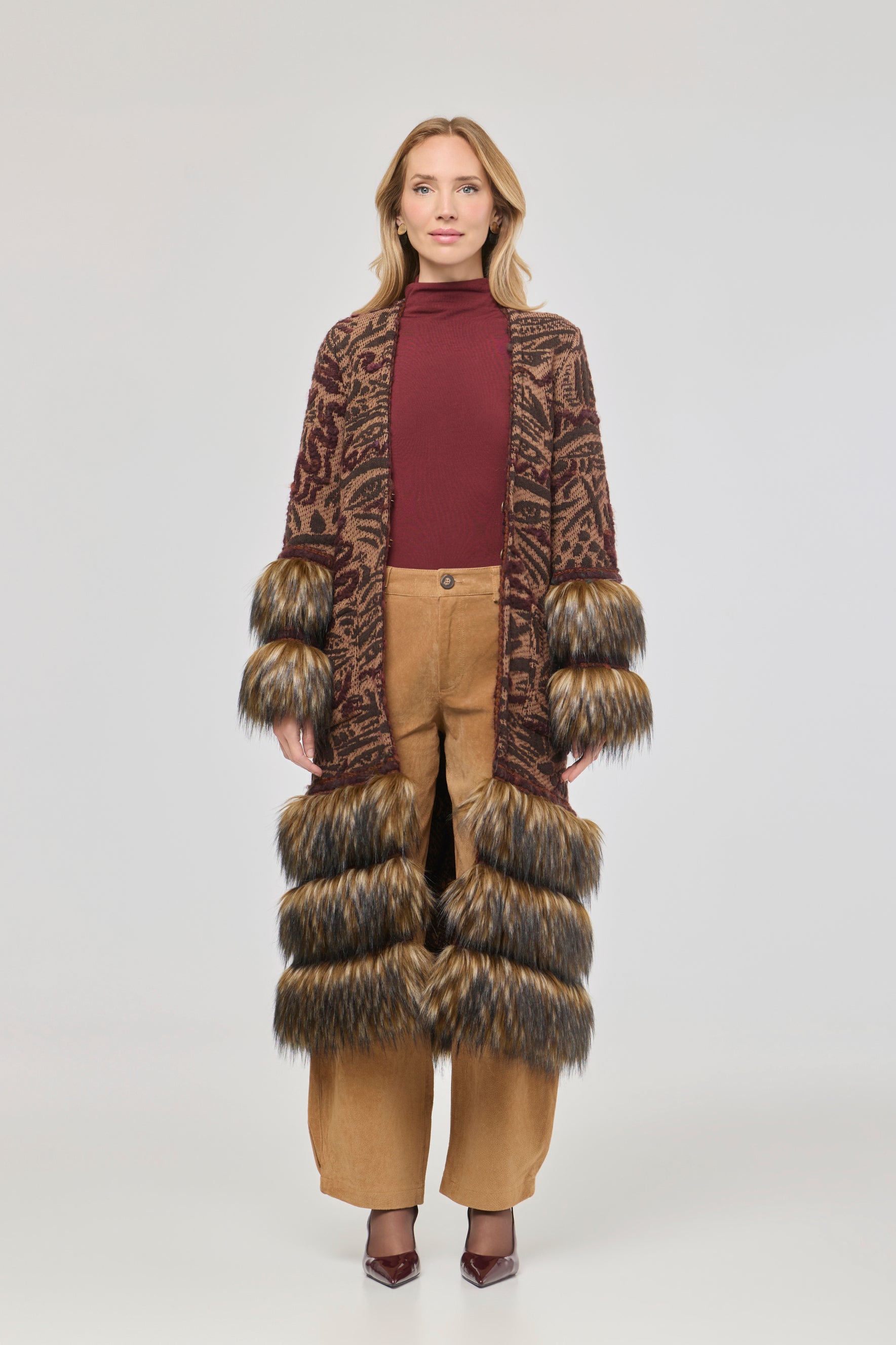 Violetta Long Patterned Coat with Faux Fur - Limited Edition
