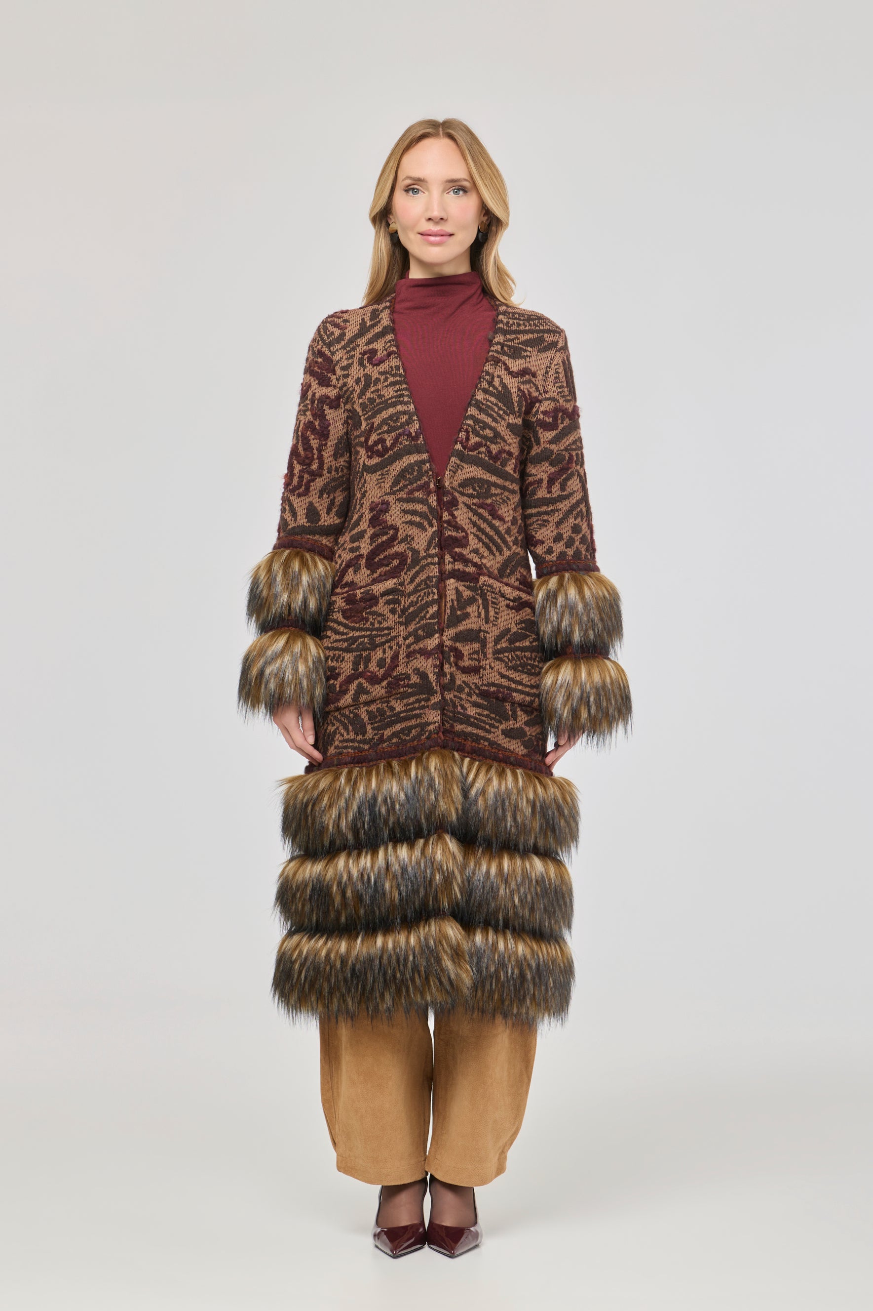 Violetta Long Patterned Coat with Faux Fur - Limited Edition