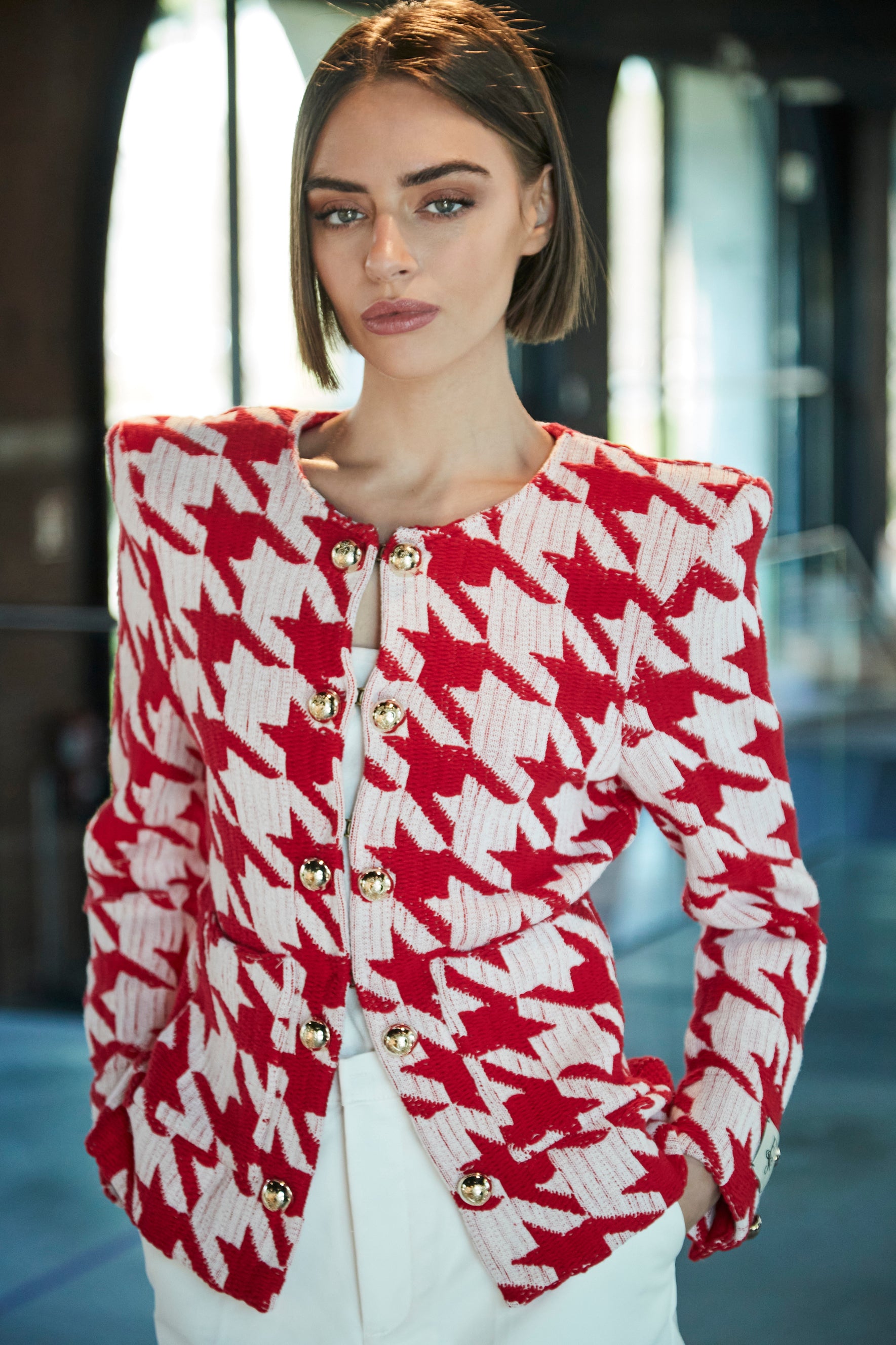 CHAQUETA PATA DE GALLO ROJA BRETON