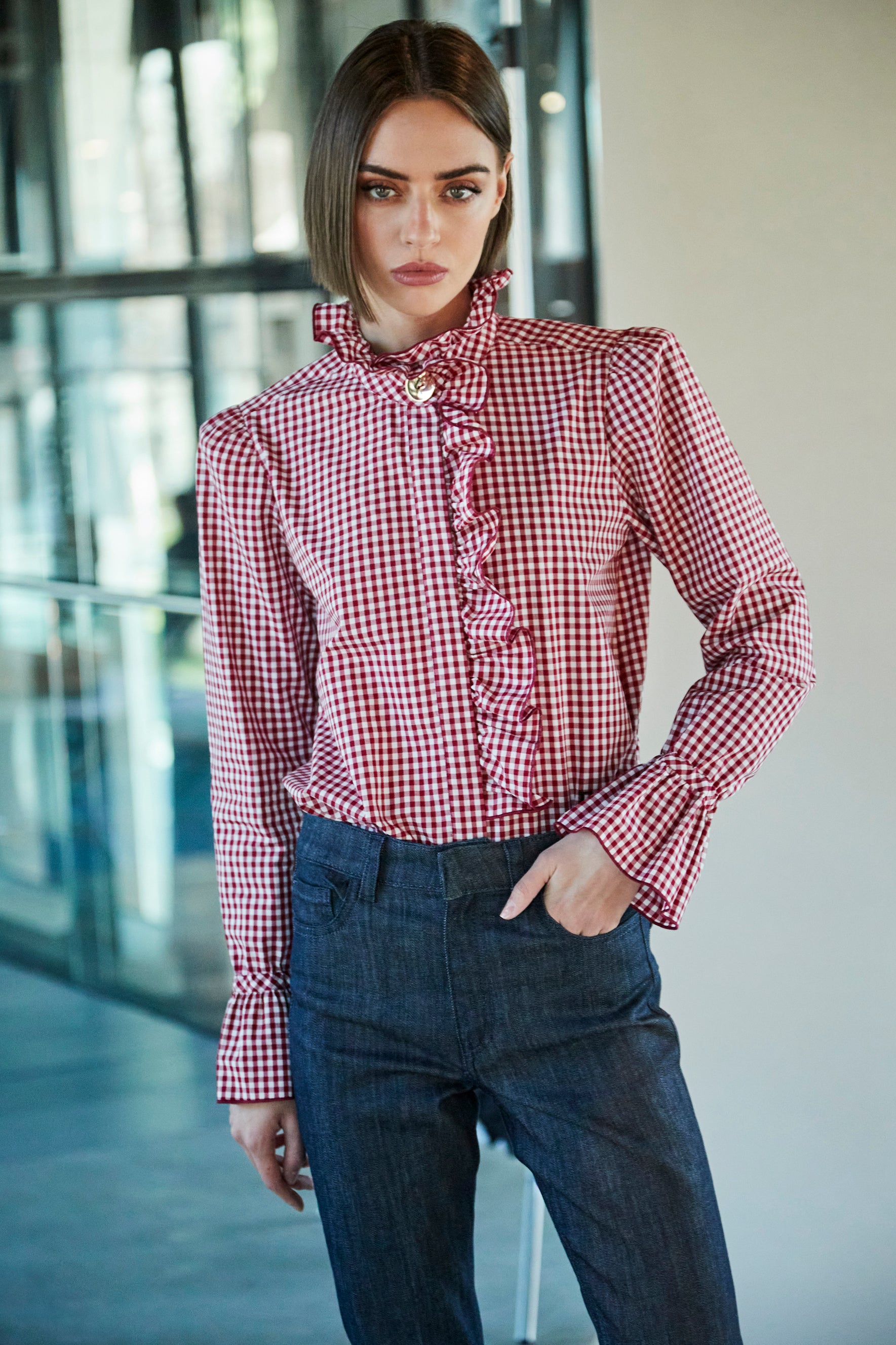 BOHEME BURGUNDY PLAID SHIRT WITH RUFFLE