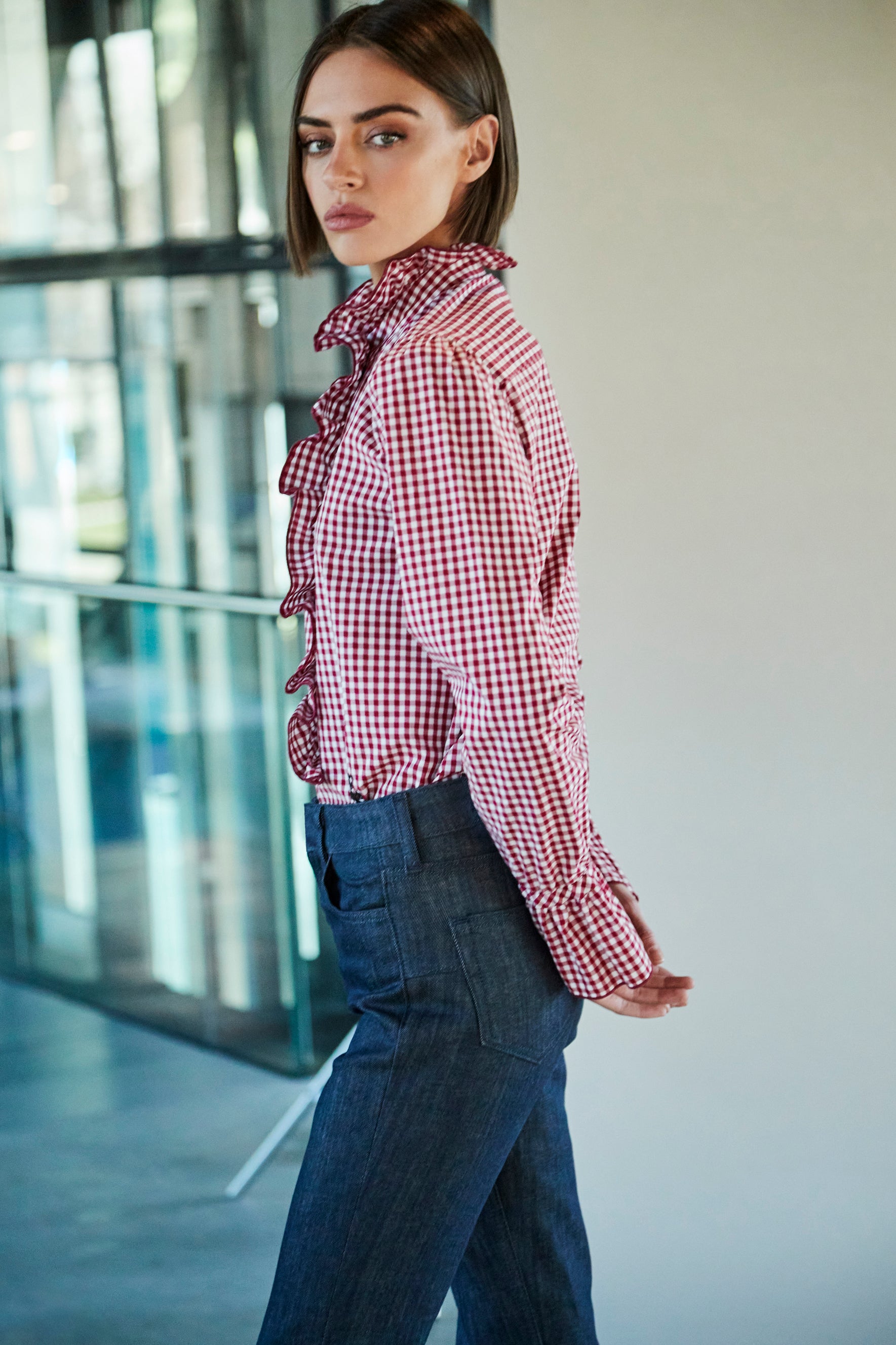 BOHEME BURGUNDY PLAID SHIRT WITH RUFFLE