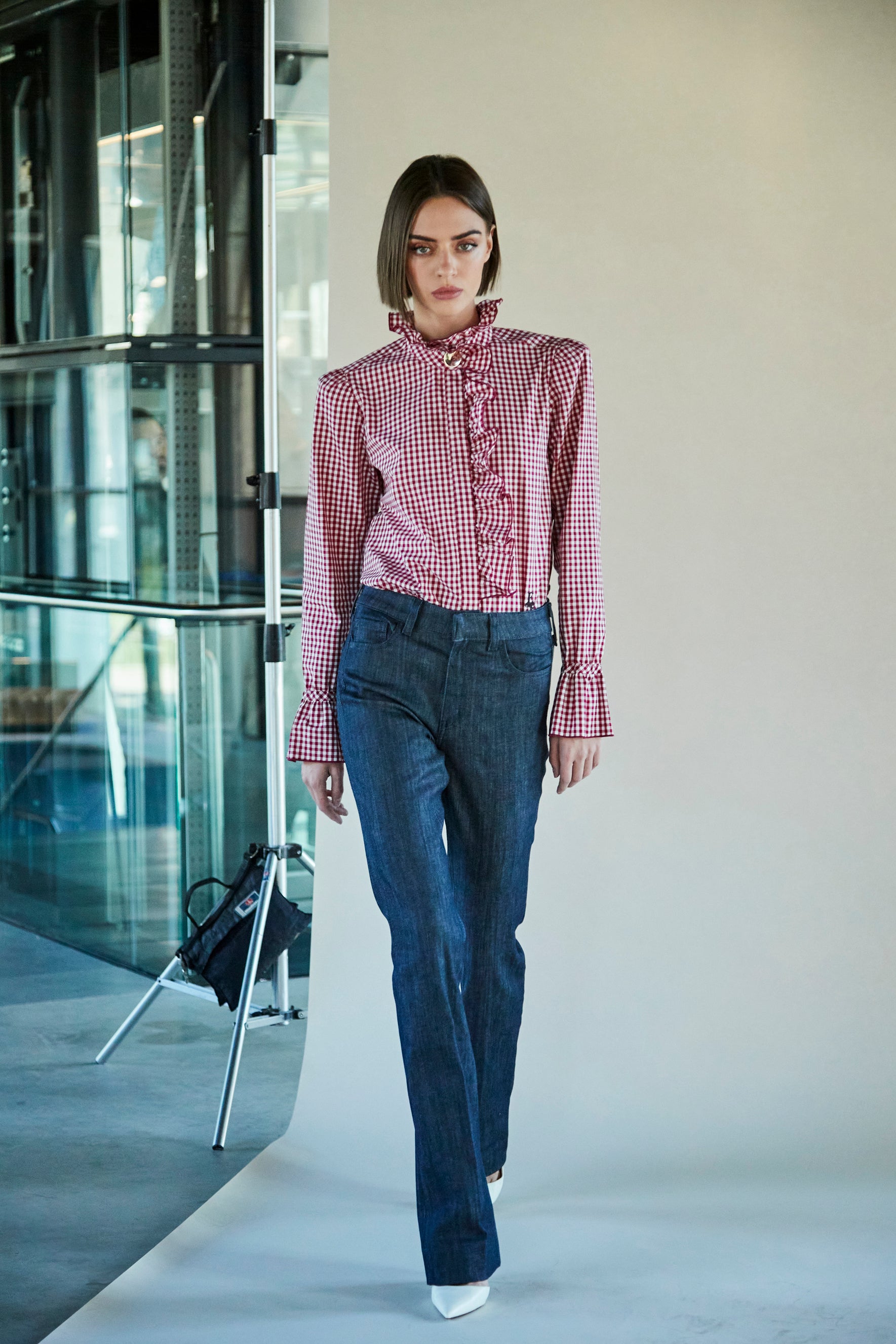 BOHEME BURGUNDY PLAID SHIRT WITH RUFFLE