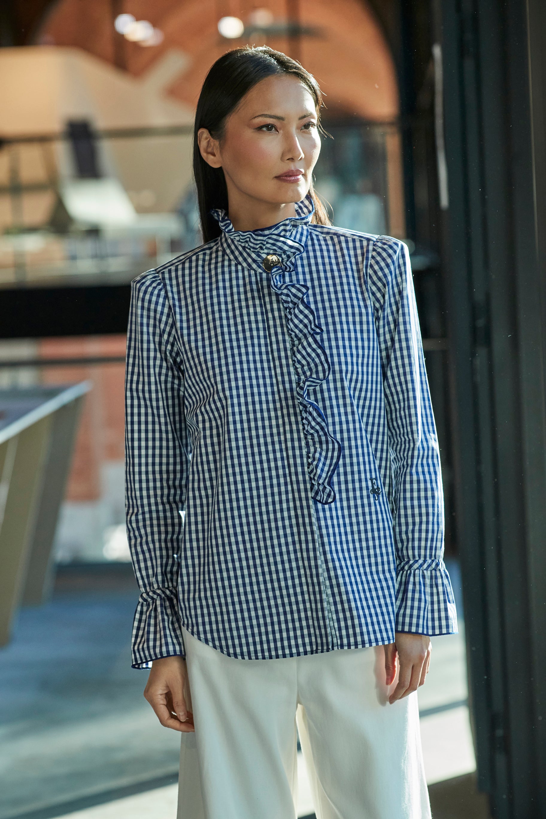 BOHEME NAVY PLAID SHIRT WITH RUFFLE