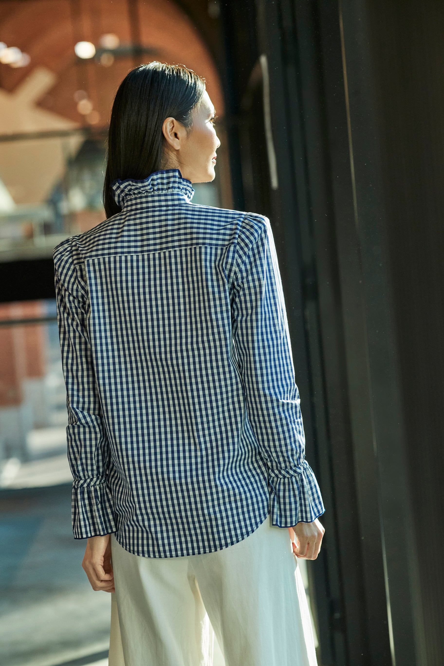 BOHEME NAVY PLAID SHIRT WITH RUFFLE