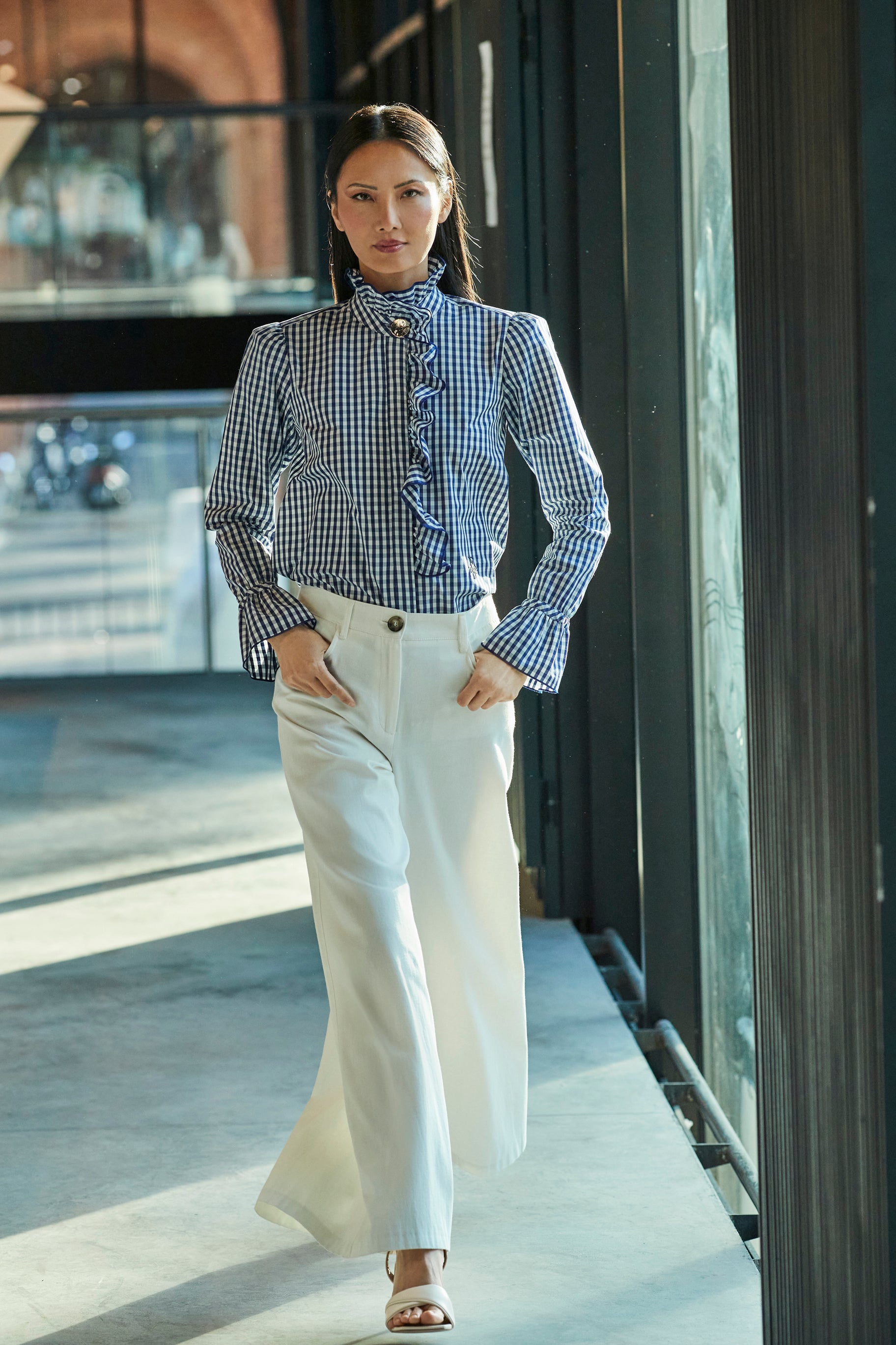 BOHEME NAVY PLAID SHIRT WITH RUFFLE