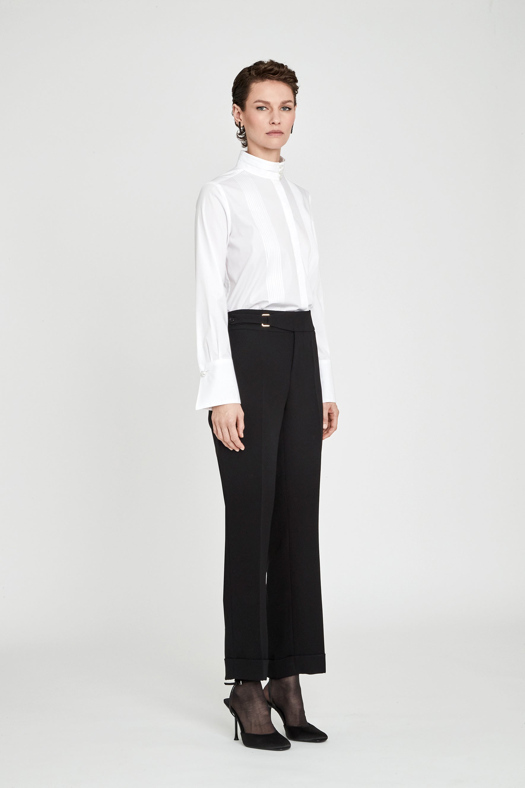 Simone White Mandarin Collar Pintuck Shirt