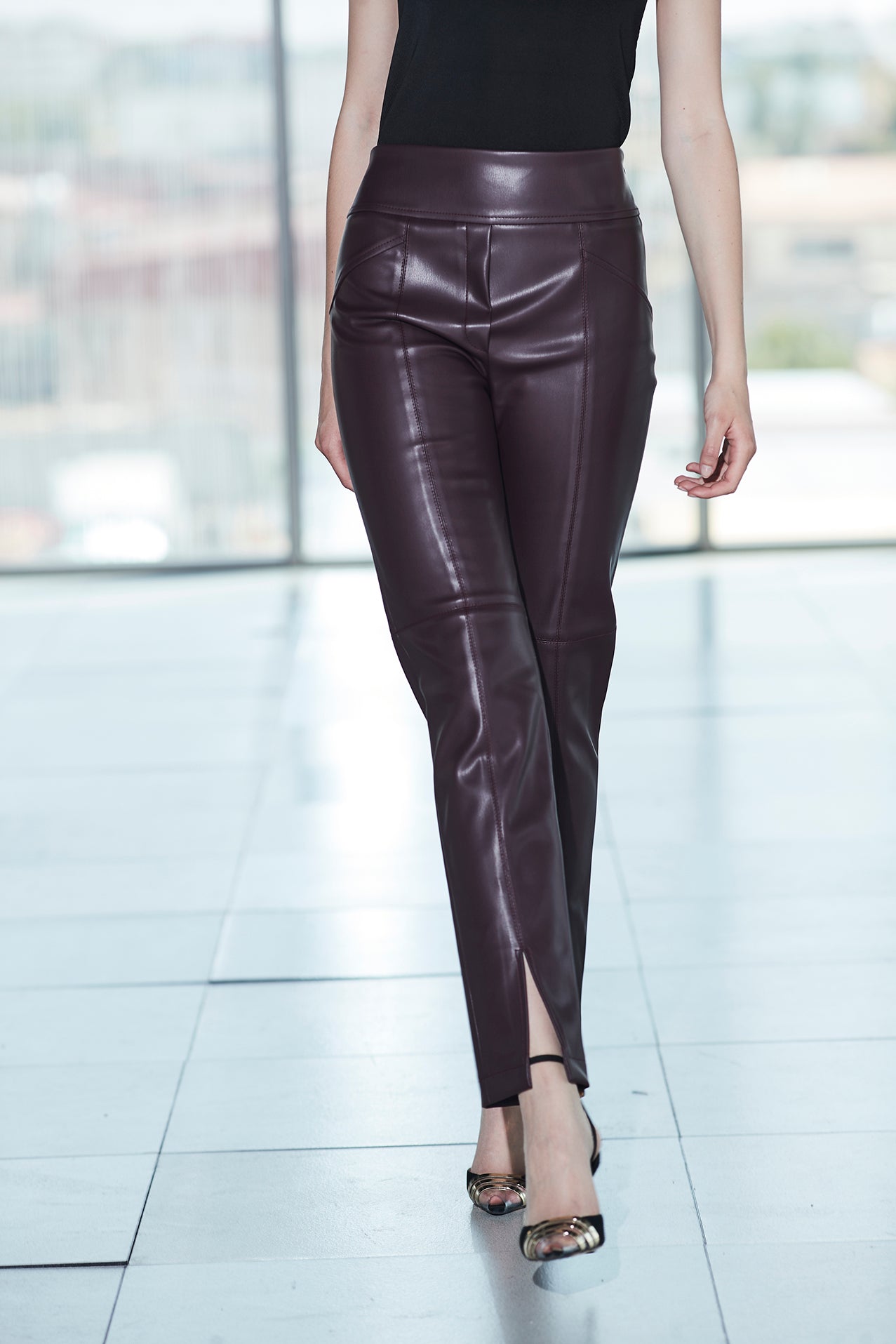 BERENICE BURGUNDY FAUX LEATHER TROUSERS