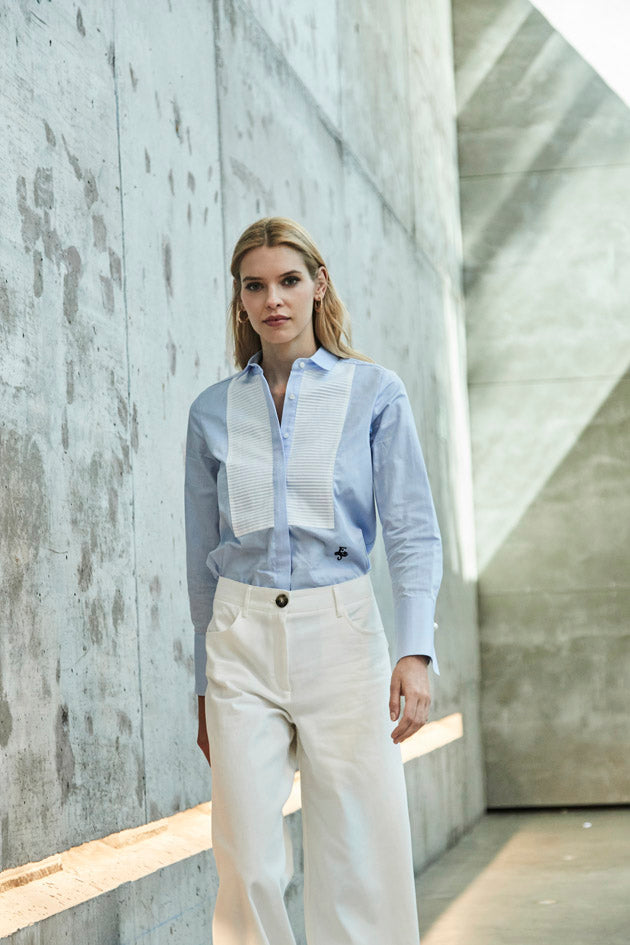 CONSTANZA BLUE SHIRT WITH PIN-TUCKED BIB