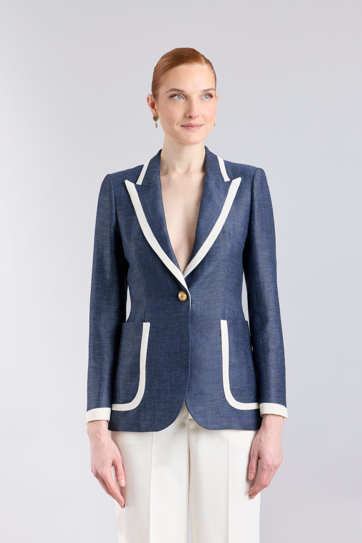 Laurent Blue Navy Tailored Blazer with Contrast Piping - Limited Edition - THE EXTREME COLLECTION