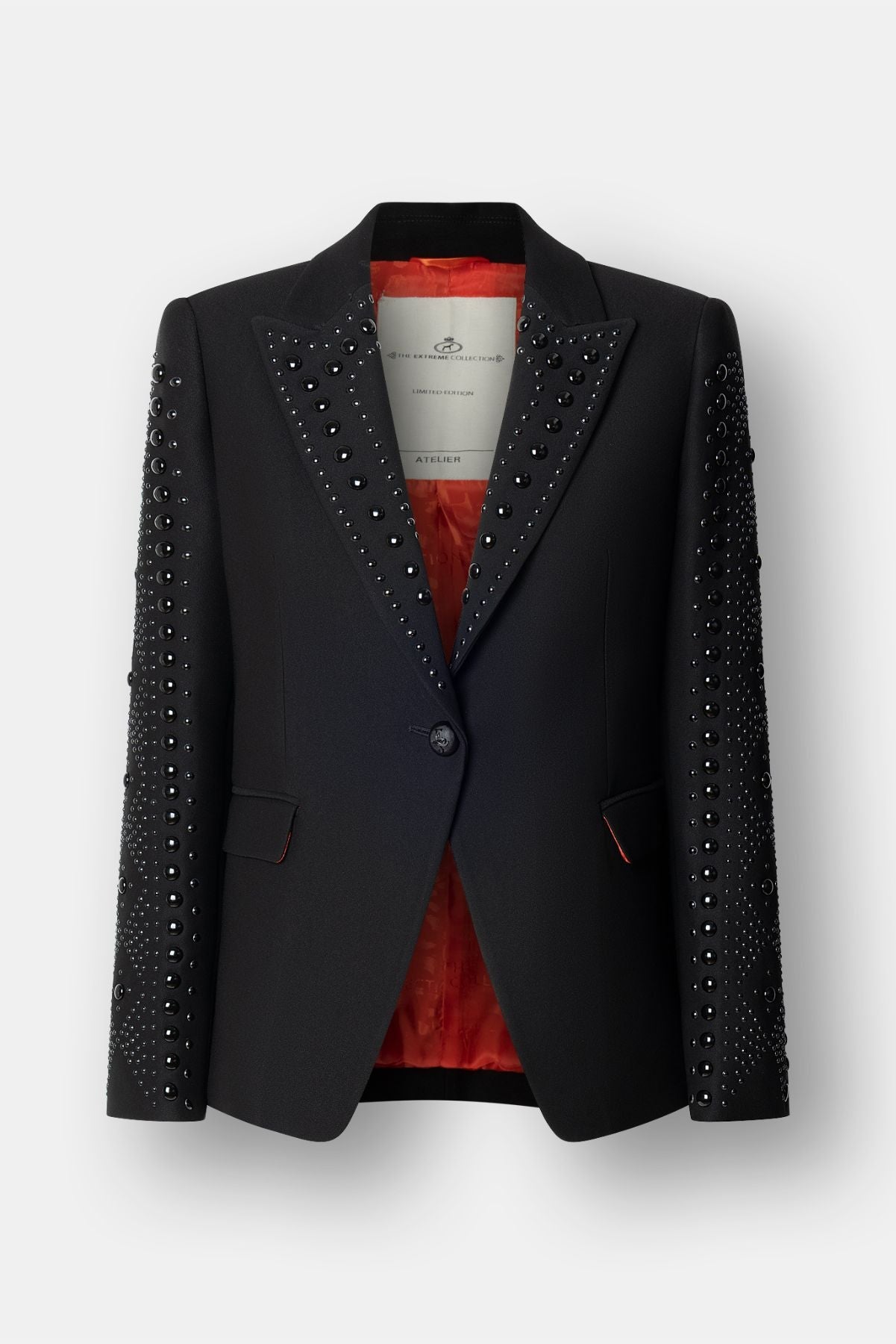Women’s Lord Byron black tailored blazer with hand-applied metallic studs along the lapels and pockets.