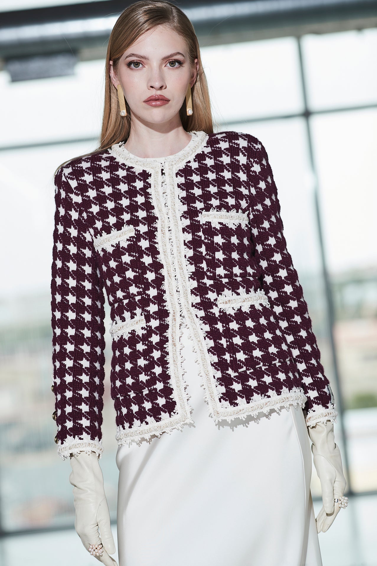 MARGOT SHORT GARNET HOUNDSTOOTH JACKET - THE EXTREME COLLECTION