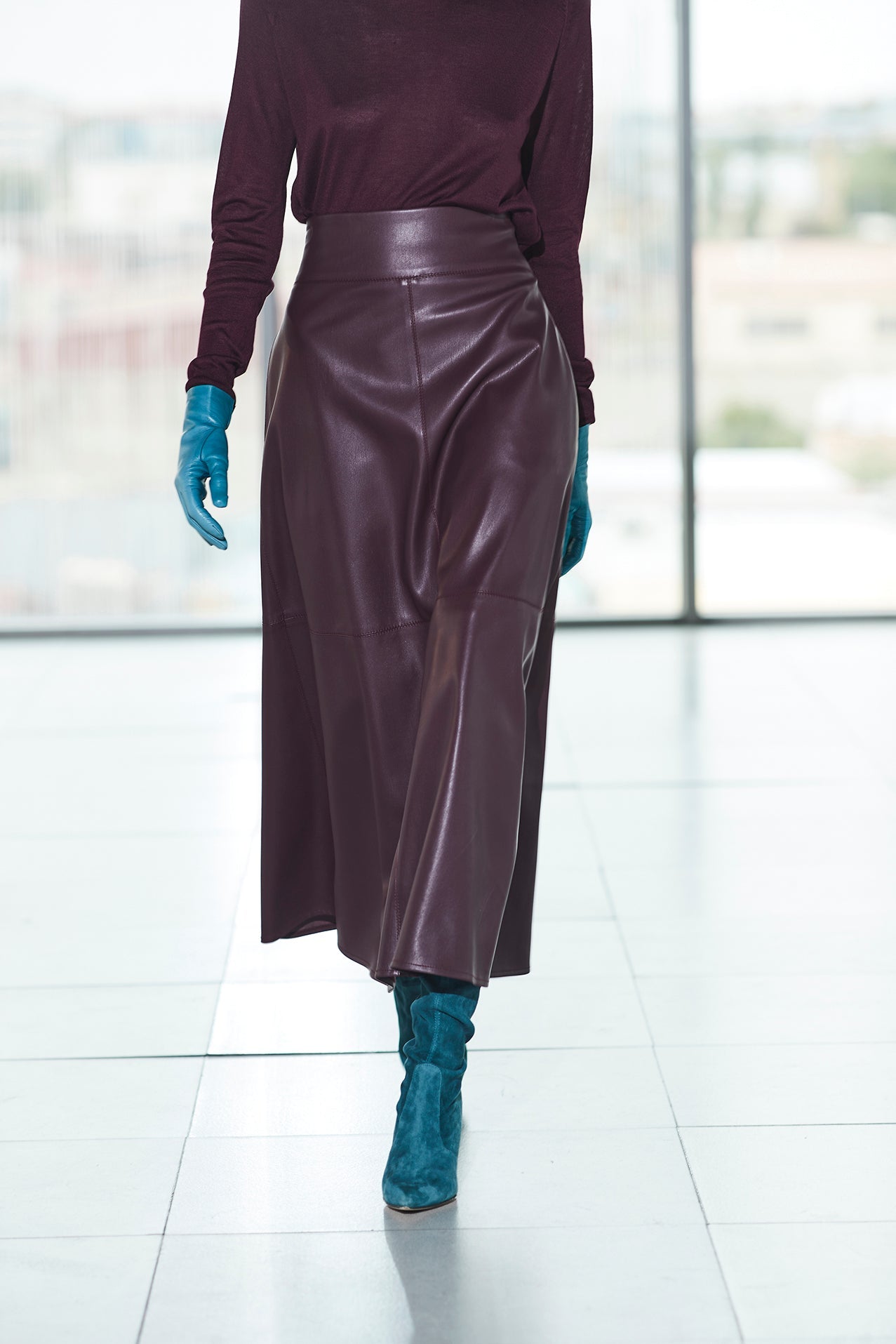 MERLOT OLIVE FAUX LEATHER EFFECT MIDI SKIRT - THE EXTREME COLLECTION