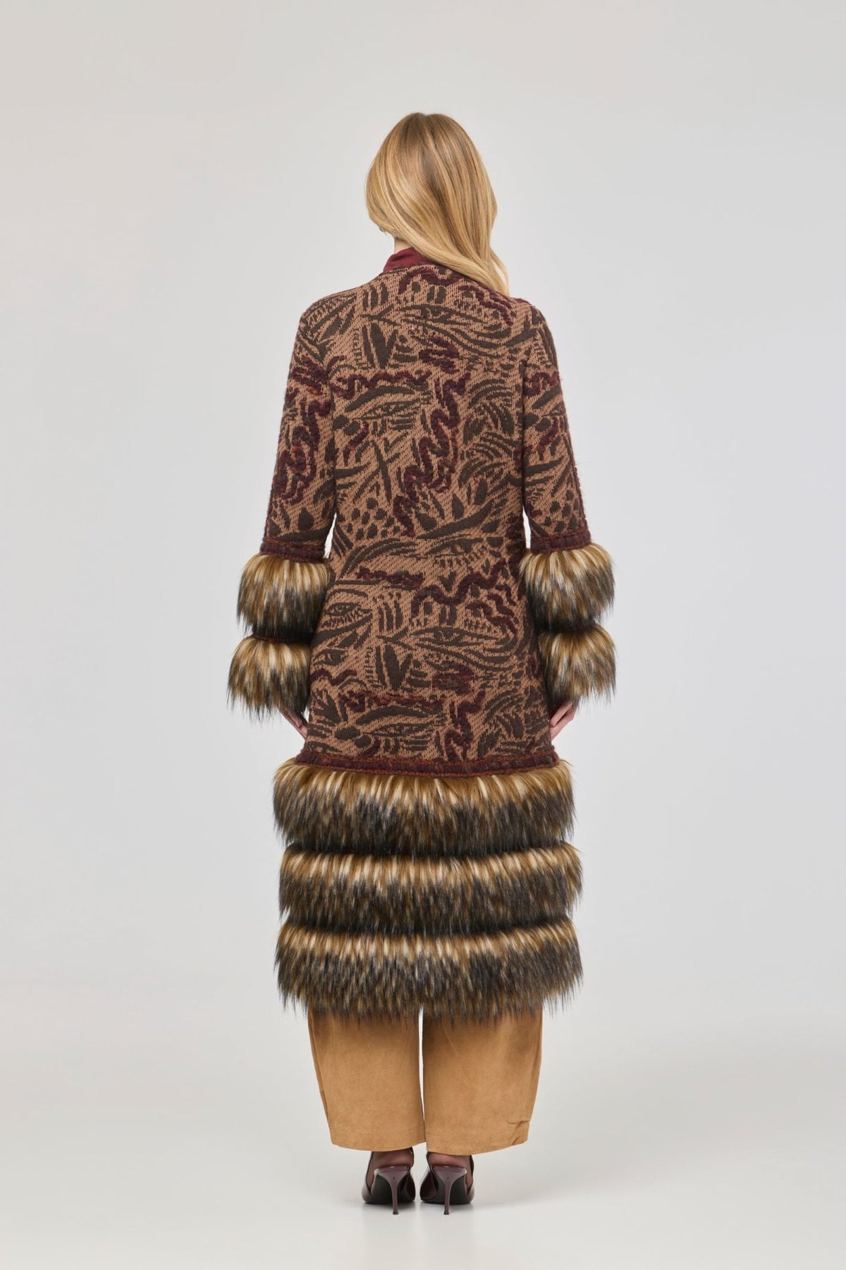 Violetta Long Patterned Coat with Faux Fur - Limited Edition - THE EXTREME COLLECTION