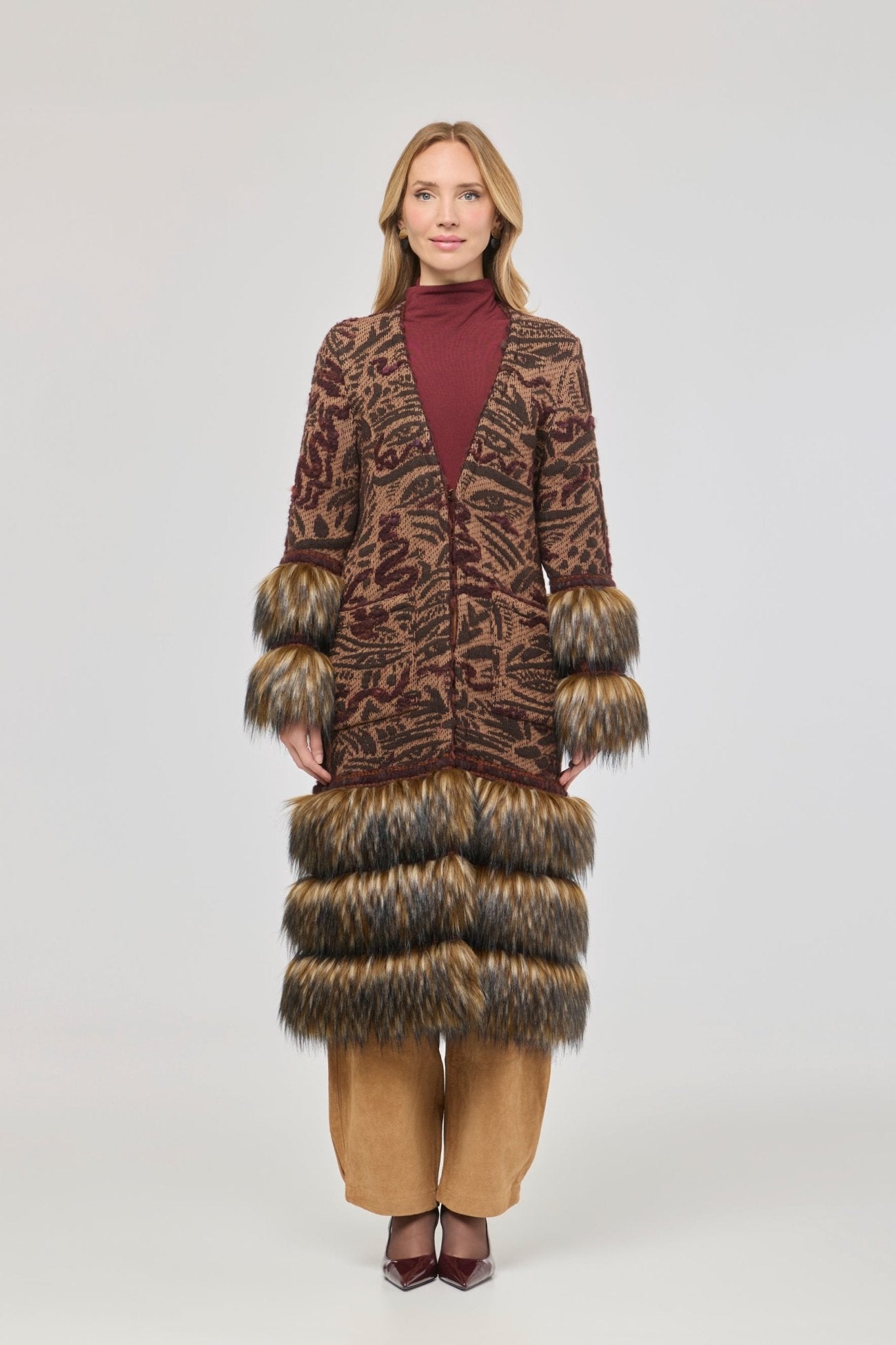 Violetta Long Patterned Coat with Faux Fur - Limited Edition - THE EXTREME COLLECTION