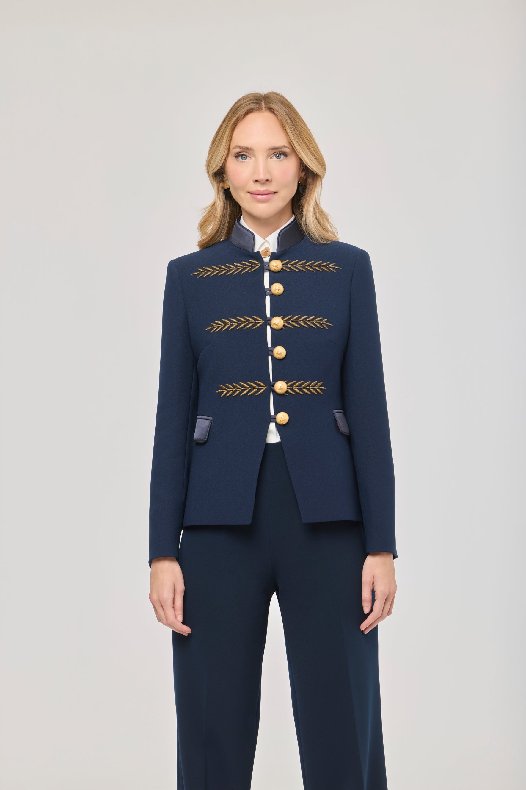 Renata Gold Cropped Navy Blue Embroidered Blazer - Limited Edition