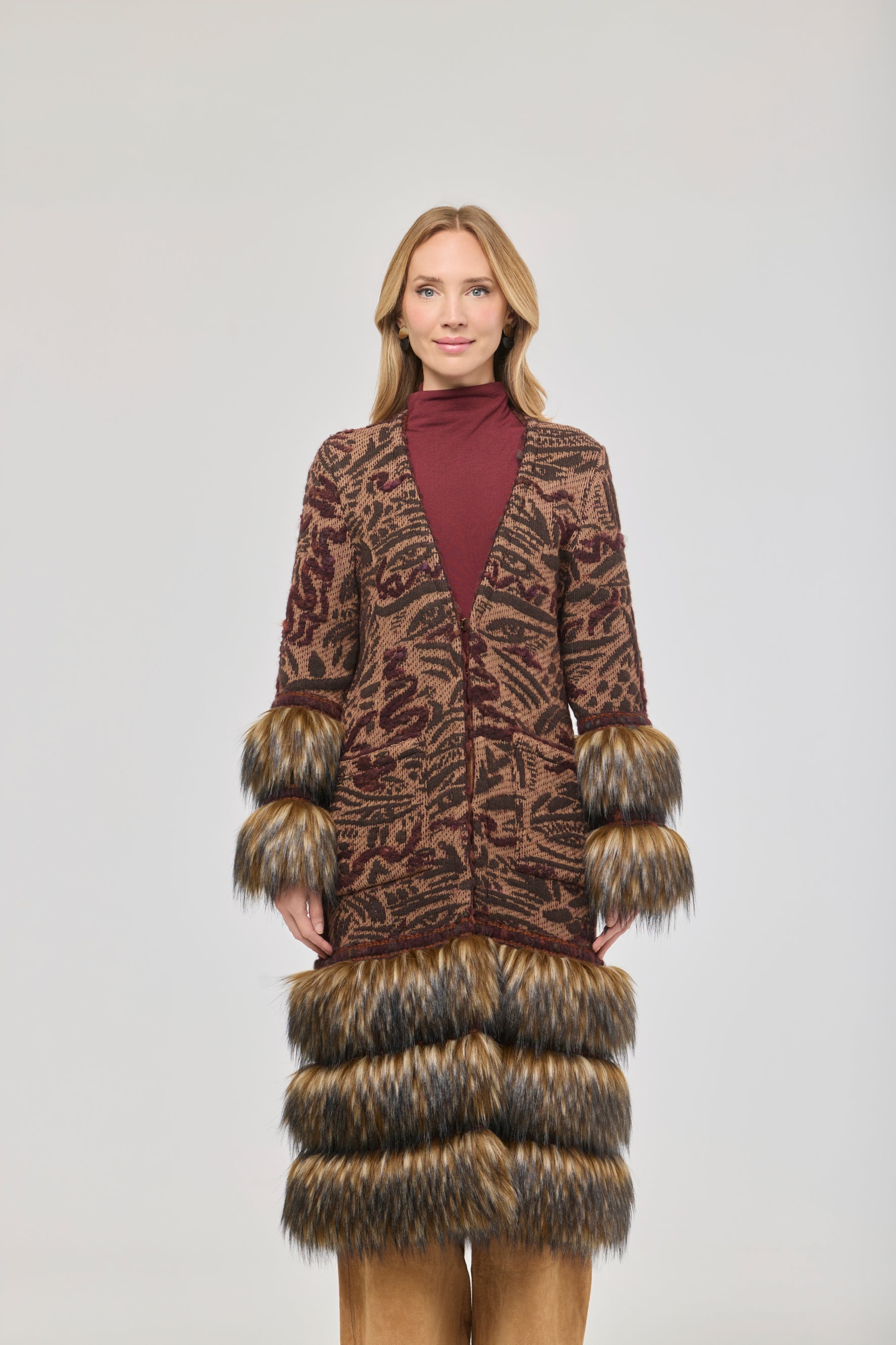 Violetta Long Patterned Coat with Faux Fur - Limited Edition