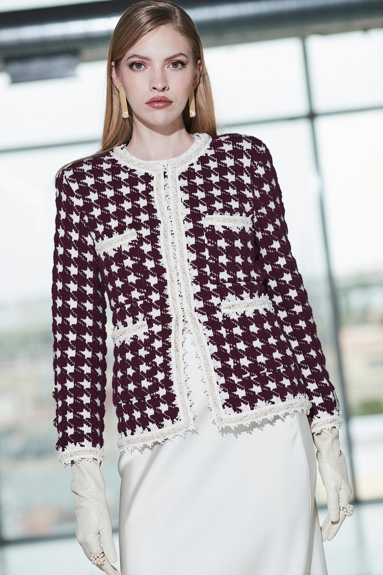 MARGOT SHORT BURGUNDY HOUNDSTOOTH JACKET