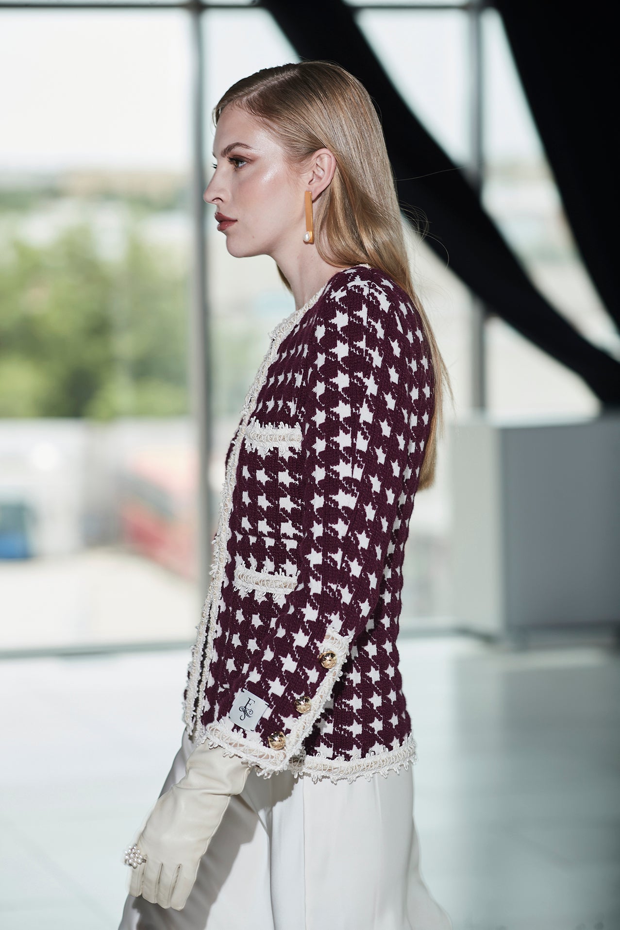 MARGOT SHORT BURGUNDY HOUNDSTOOTH JACKET