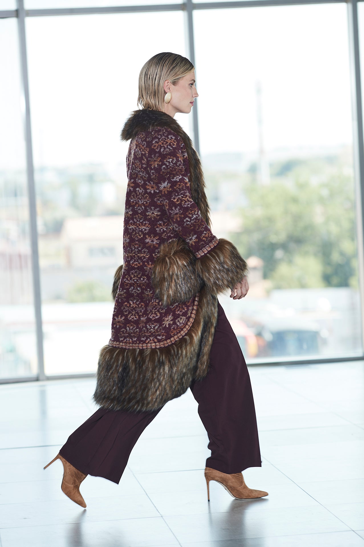 EMILE LONG BURGUNDY JACQUARD COAT