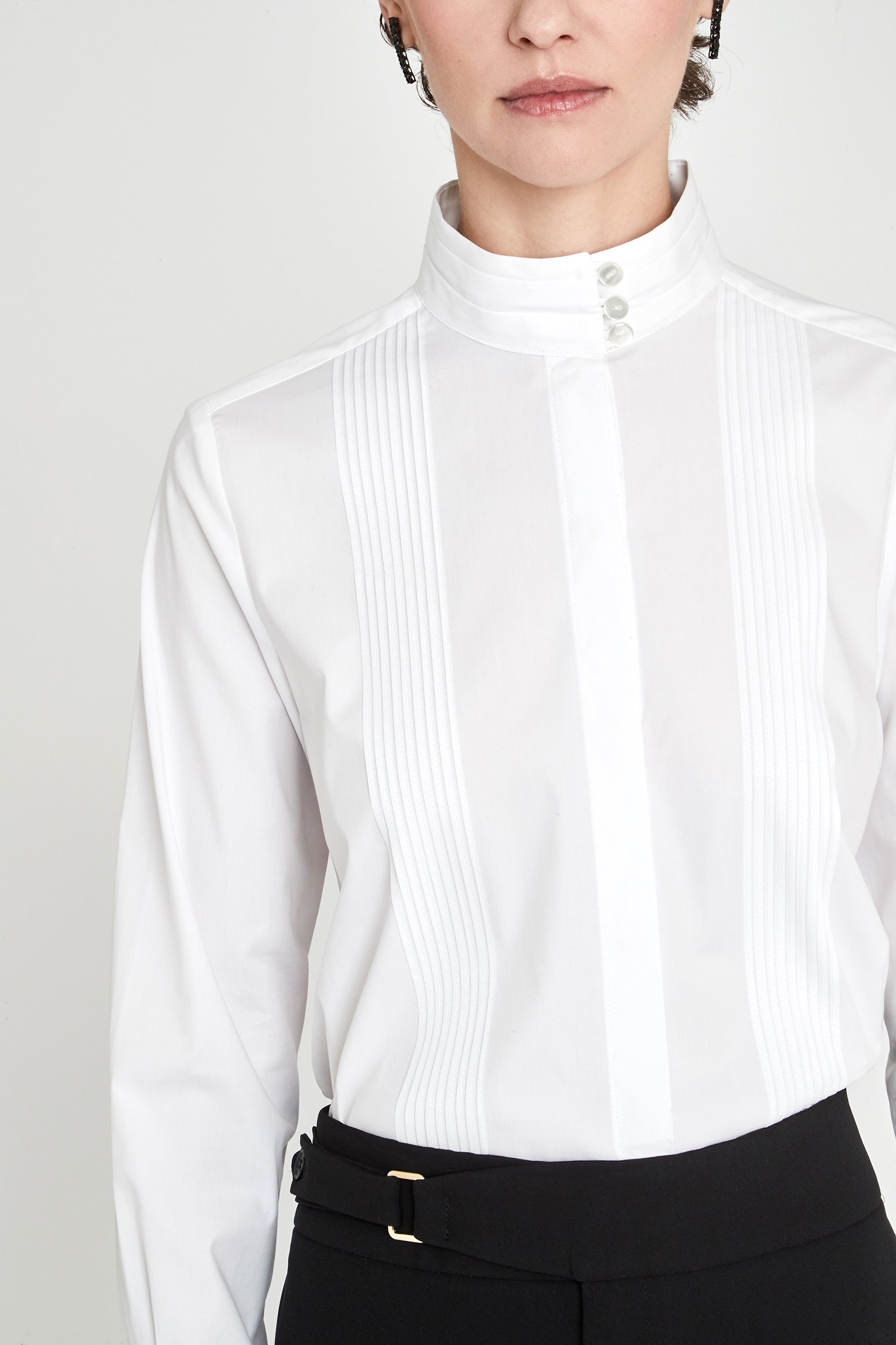Simone White Mandarin Collar Pintuck Shirt