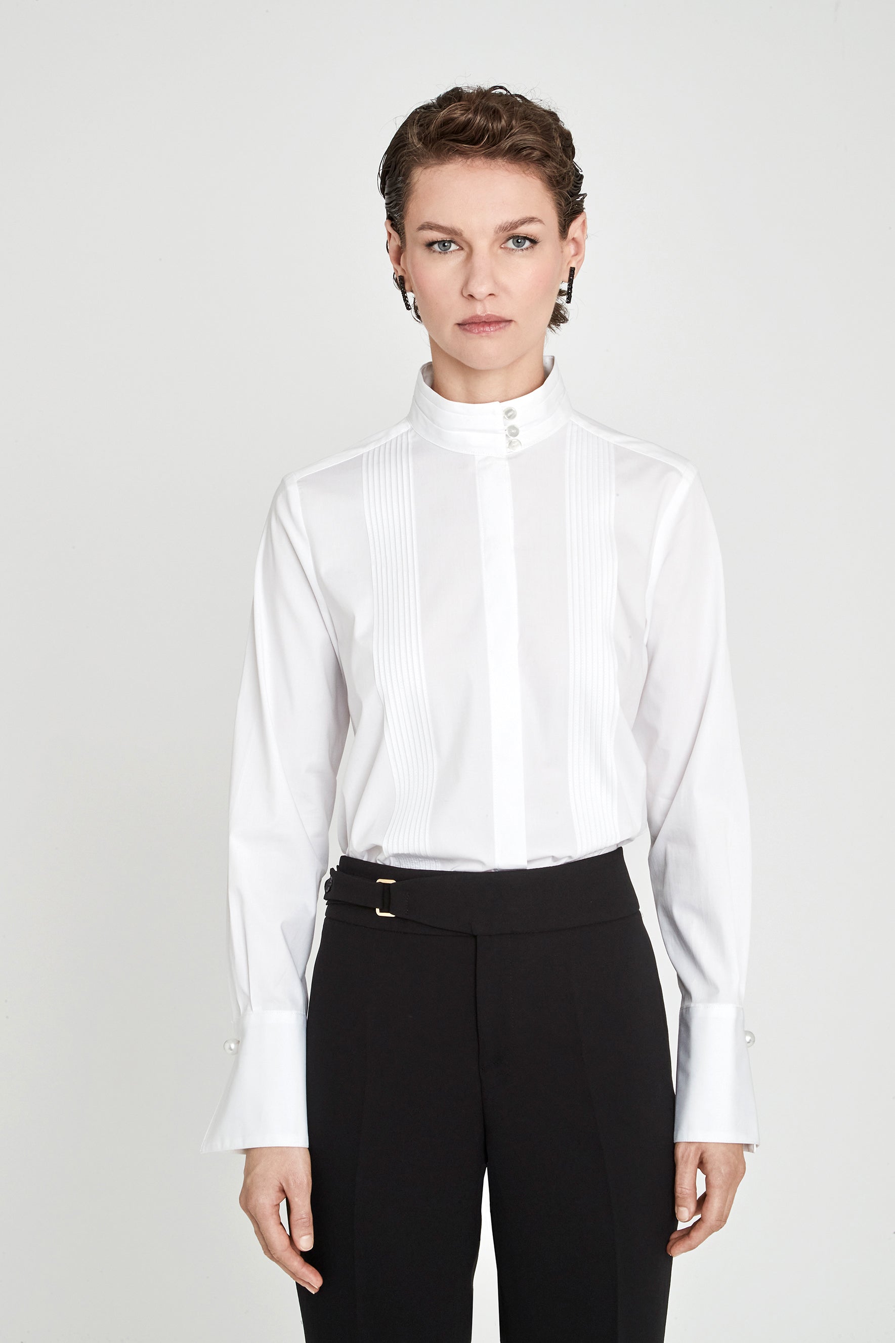 Simone White Mandarin Collar Pintuck Shirt