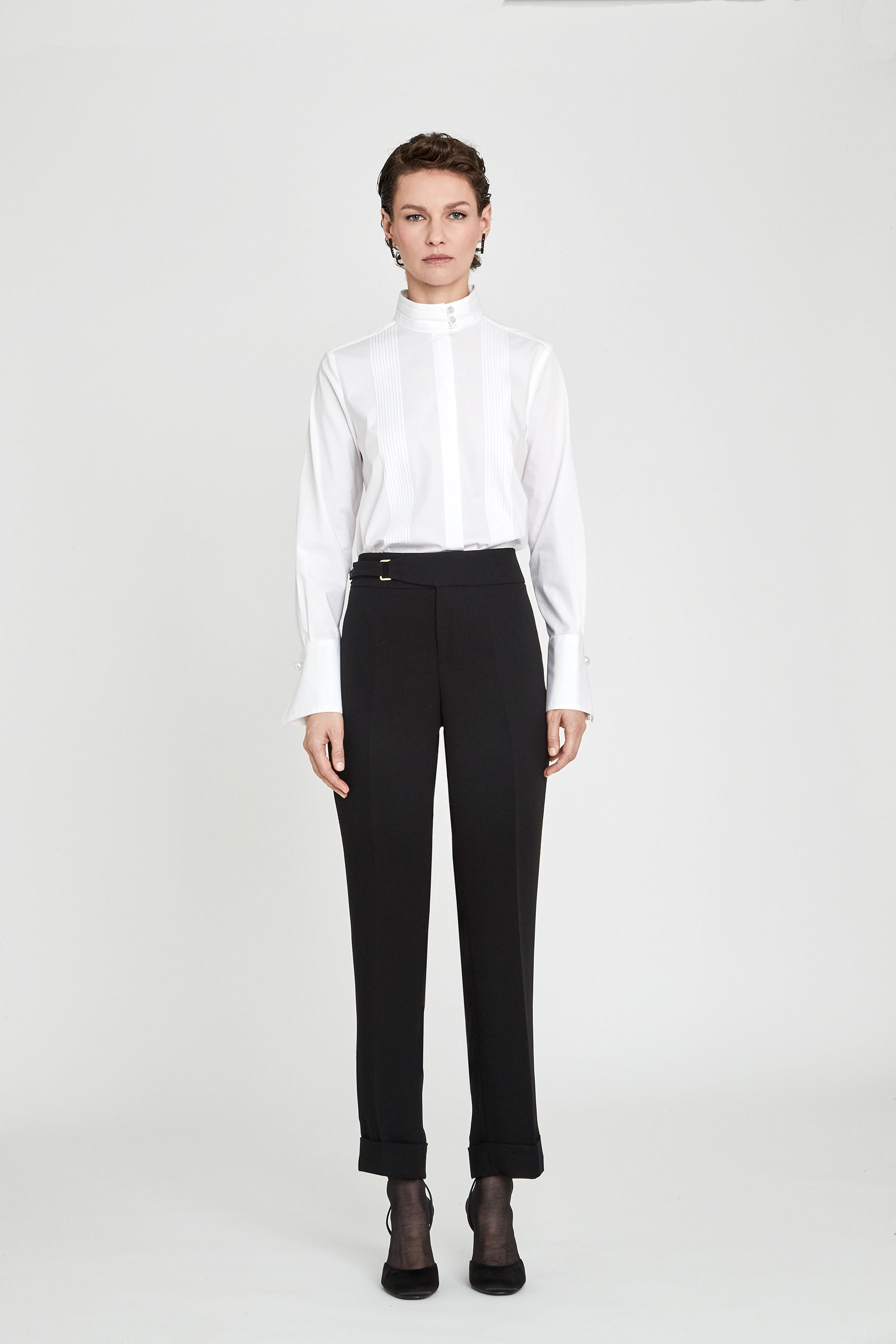 Simone White Mandarin Collar Pintuck Shirt