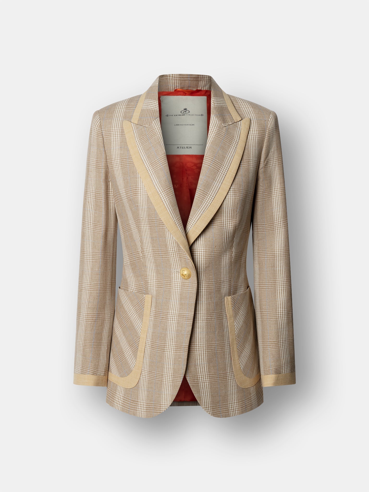 Women’s Gilbertine tailored blazer in camel linen-blend with a single-button closure.