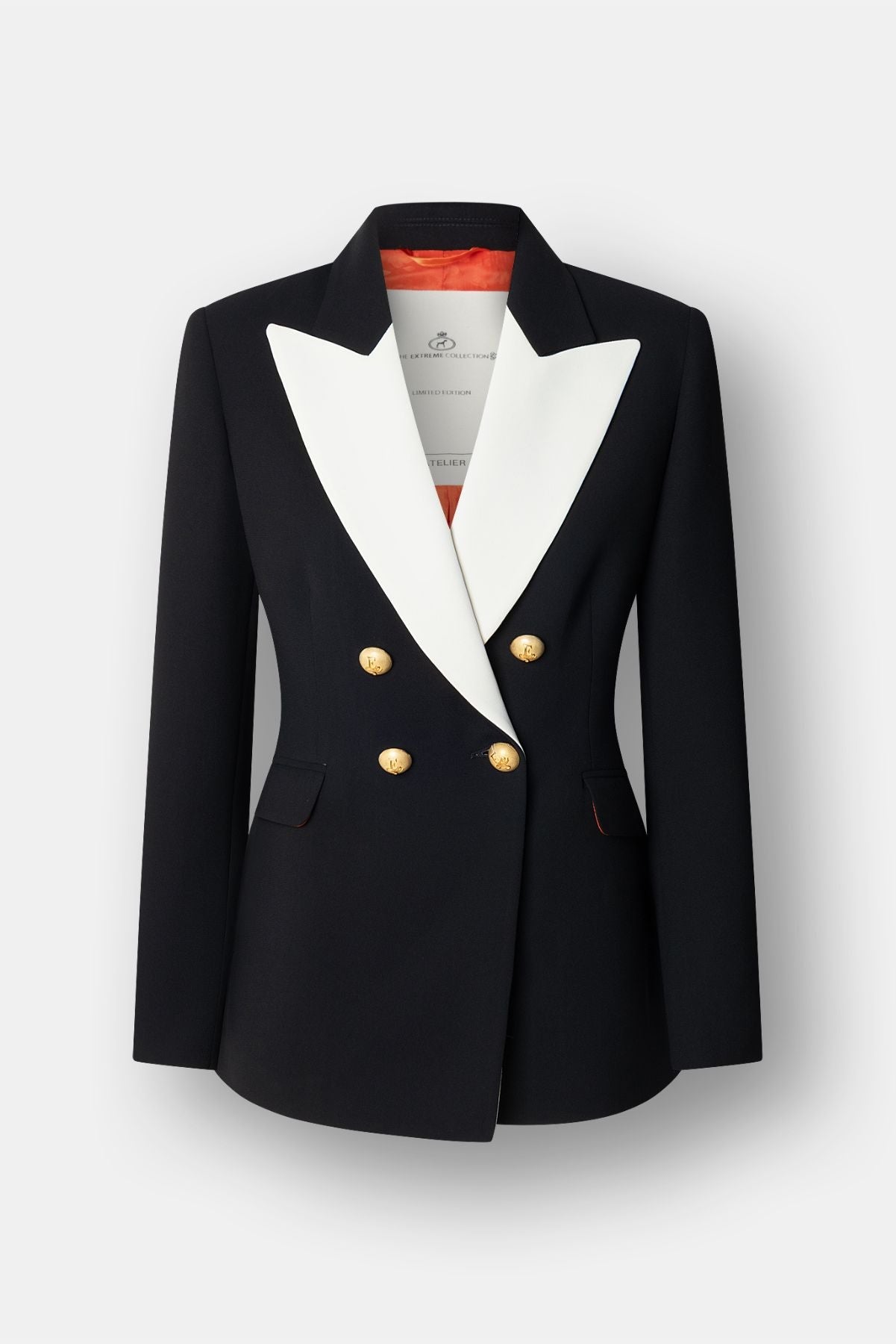 Women’s Iconic Code 01 designer double-breasted blazer in black with optical white peak lapels and gold heraldic buttons.