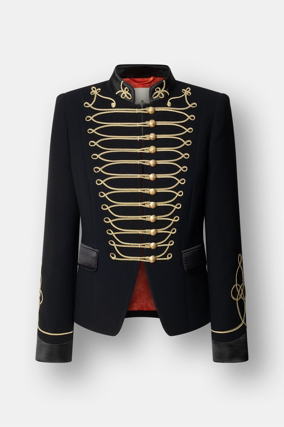 Isaura black military-style blazer with double-breasted gold buttons by The Extreme Collection.