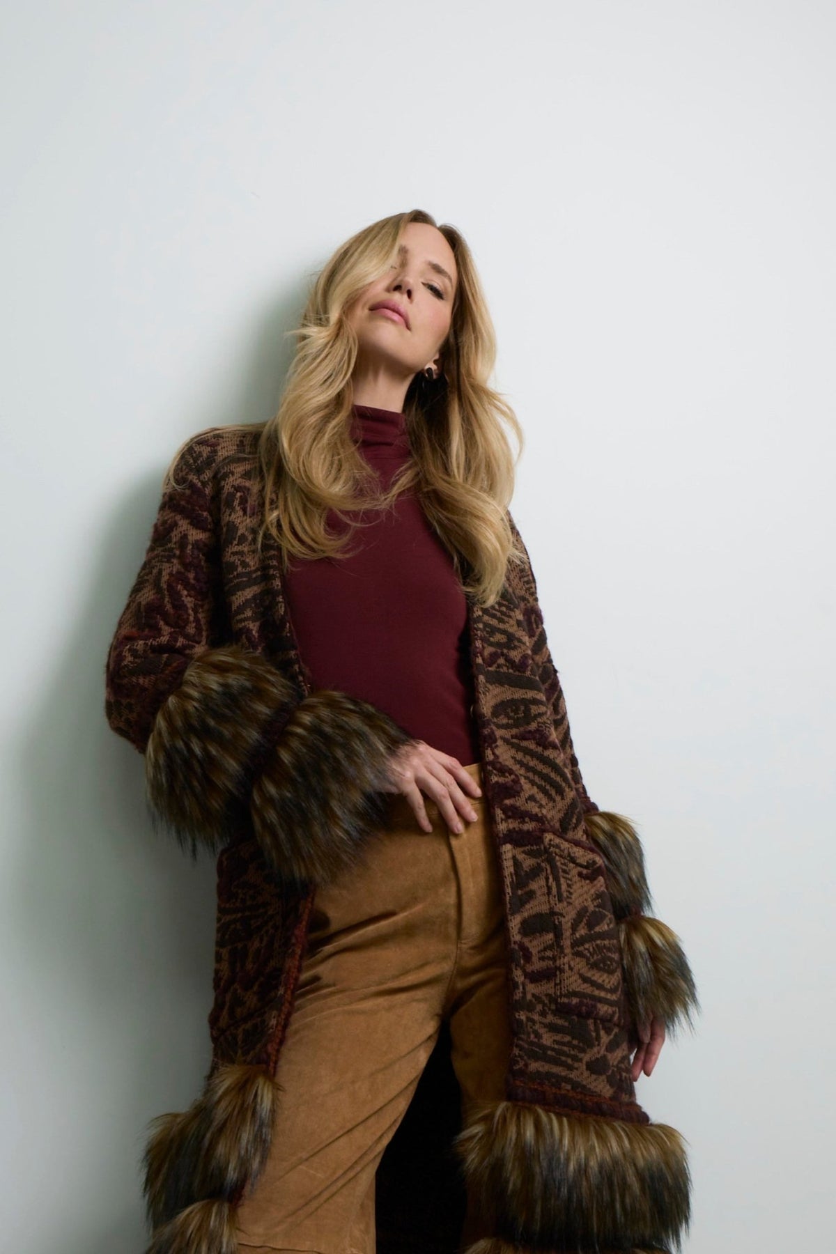 Violetta Long Patterned Coat with Faux Fur - Limited Edition - THE EXTREME COLLECTION