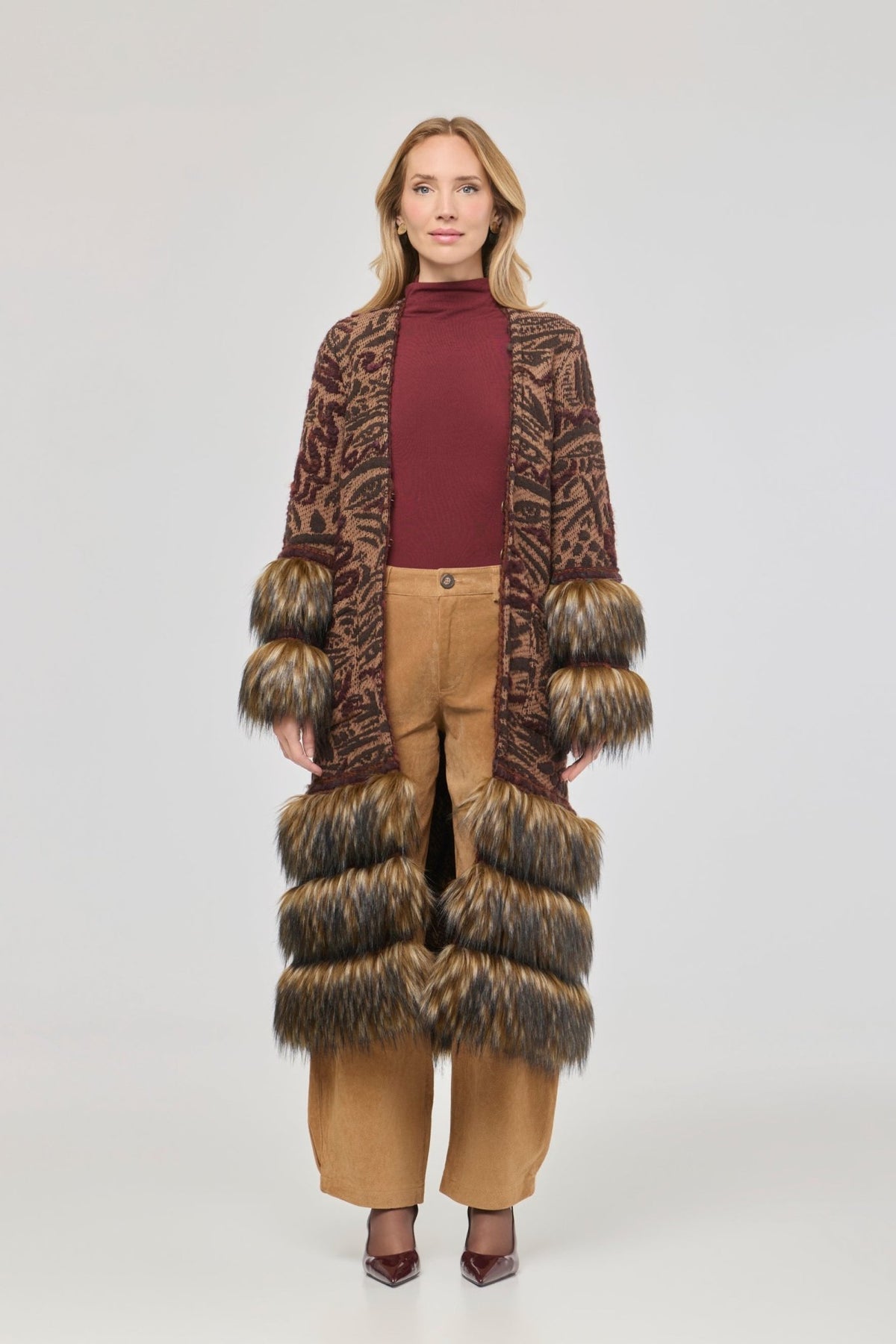 Violetta Long Patterned Coat with Faux Fur - Limited Edition - THE EXTREME COLLECTION